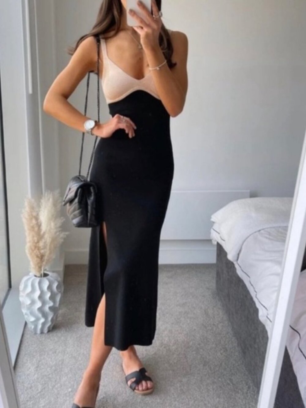Zara Knit Midi Dress Contrast Side Slit Black Beige Blogger Size Medium
